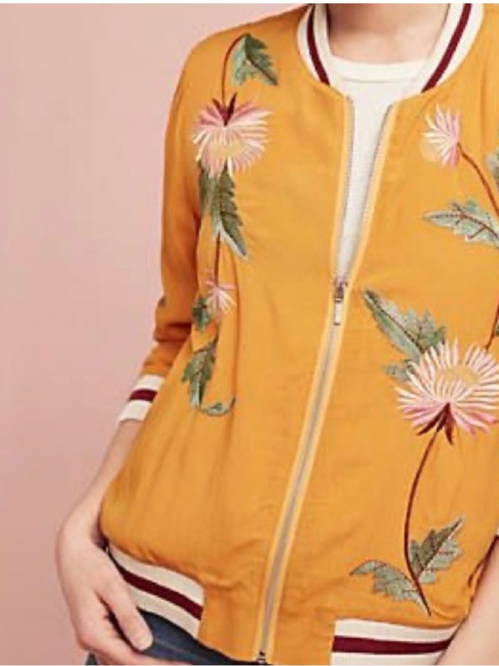 Anthropologie Orange Floral Embroidered Bomber Jacket